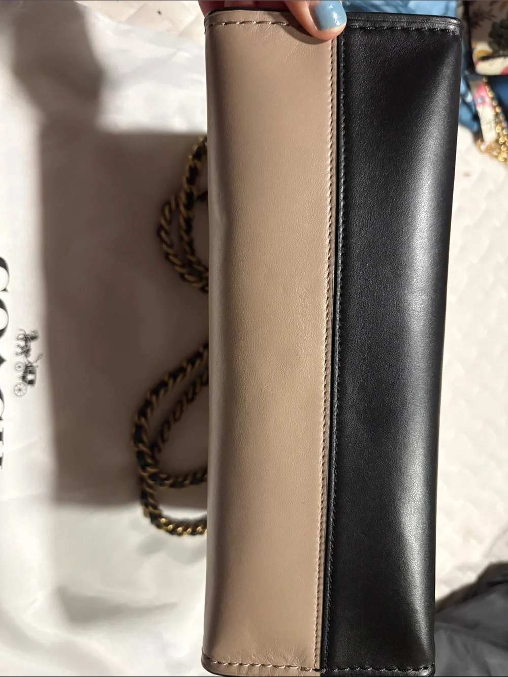 Coach Leather Chain Shoulder Bag in Black, Cream & Taupe